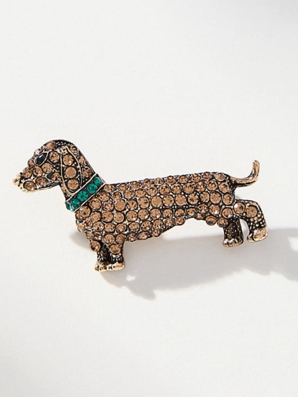 Anthropologie Playful Pet Brooch Crystal Dachshund 14k Gold Plated Brass New